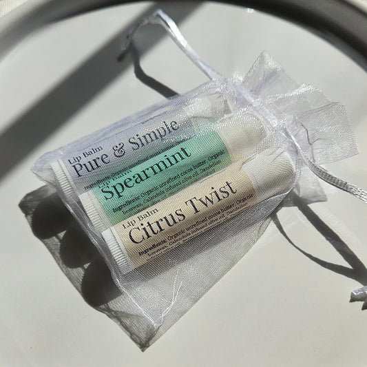 Two lip balms, one spearmint and one citrus twist, in a sheer bag on a light background.